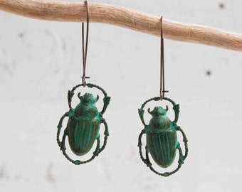 Green Beetle Earrings, Beetle Earrings, Steampunk Beetle Jewelry, Halloween Earrings, Moonrise Kingdom Earrings, Wes Anderson Jewelry