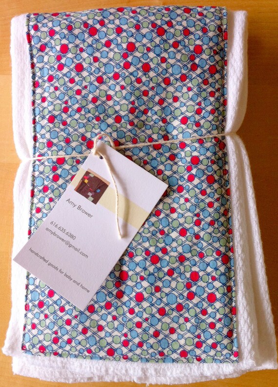 SALE Burp Cloths Red Blue and Green Polka Dots Set of 2