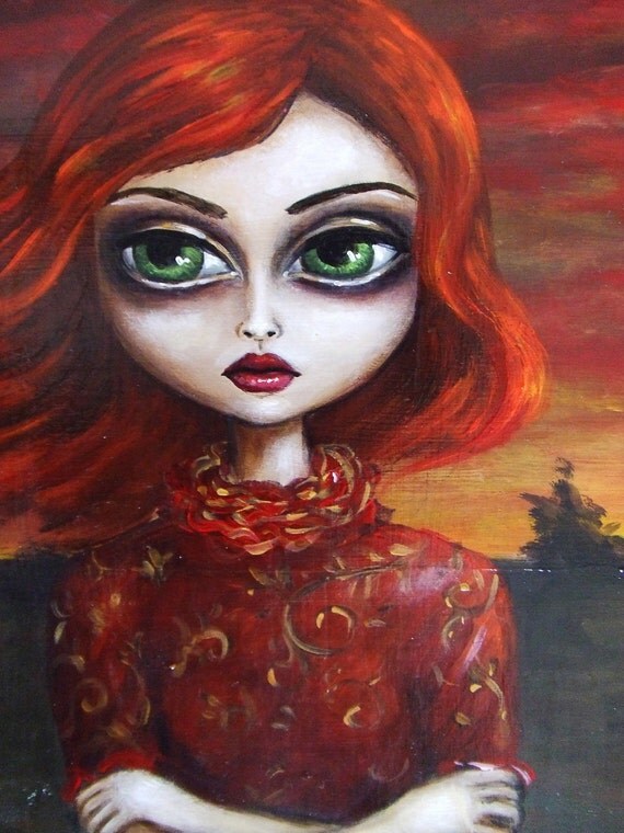 SUSPICIOUS big eye lowbrow gothic art long red hair sunset