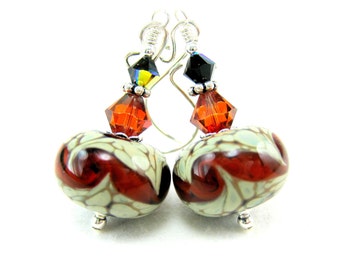 Red & Ivory Earrings, Boro Lampwork Earrings, Red Sage Green Earrings, Glass Earrings, Beadwork Earrings, Dangle Earrings - Tomato Bisque