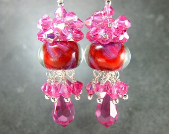 Pink Crystal Chandelier Earrings, Boro Lampwork Earrings, Purple Red Pink Earrings Crystal Jewelry Glass Dangle Earrings Strawberry Spritzer