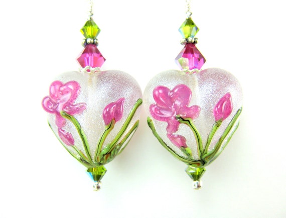 Pink White Heart Earrings, Romantic Earrings, Floral Earrings ...