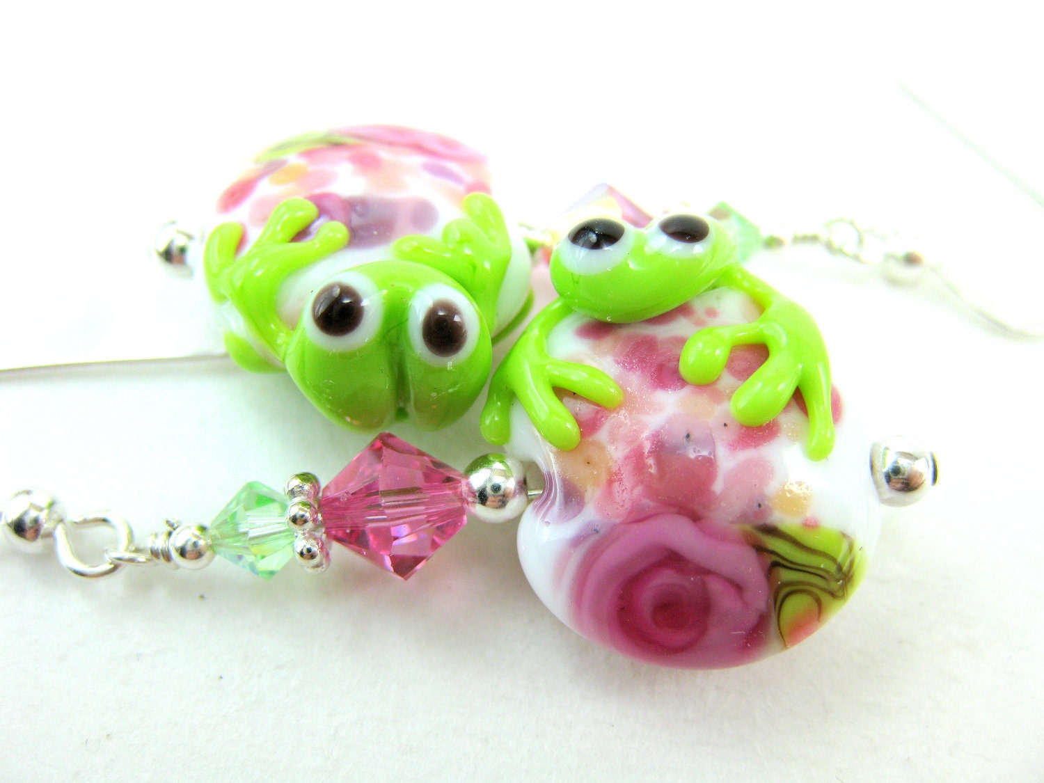 Frog Earrings Green Frog Pink Lampwork Glass Bead Earrings