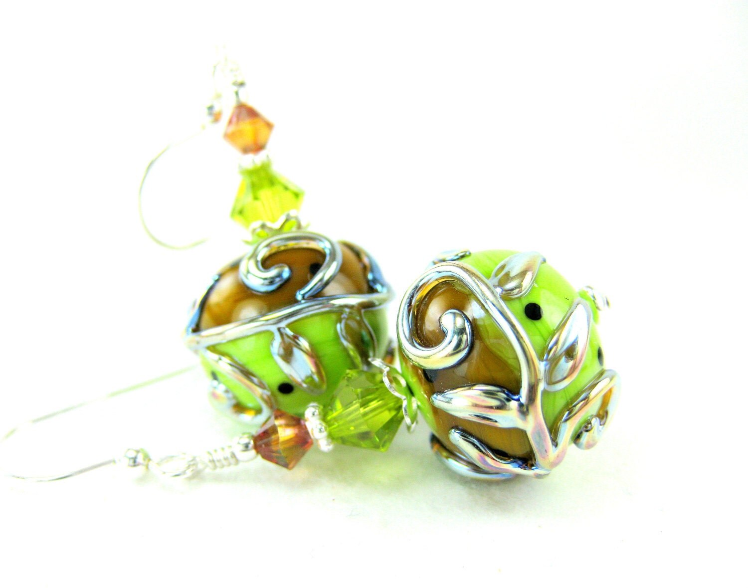 Orange Lime Green Earrings Lampwork Earrings Glass Earrings
