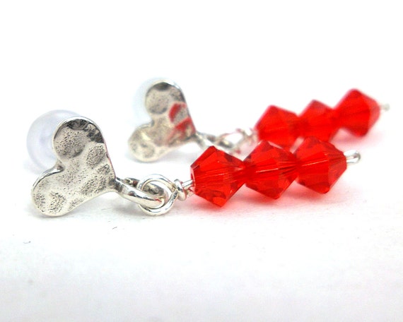 Sterling Silver Heart Earrings with Red Crystals - Post Style