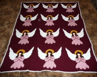 Heavenly Angles - Beautiful Burgundy Angels - Crochet Afghan Blanket Throw