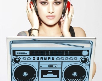 ghetto blaster laptop decal, boombox vinyl art, retro sticker, cassette, mixed tape sticker