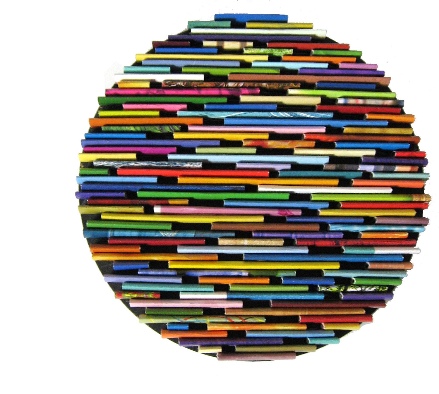 round wall art made from recycled magazines colorful unique