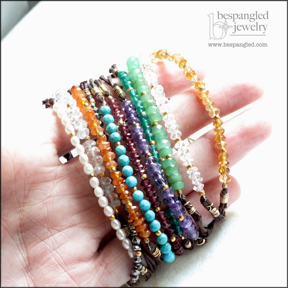 Stackable Multicolor Gemstones (Your Choice of Color) Knotted Brown Cord Bracelet - Yoga Jewelry