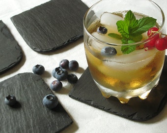 4 Square BLACK Salvaged SLATE COASTERS eco friendly—Fathers Day Gift, Wedding Registry, Housewarming—Sous de verre Ardoise/Posavasos Pizarra
