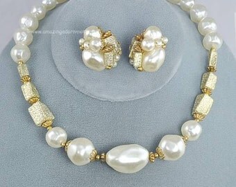 Vintage Signed JUDY LEE Faux Pearl Necklace and Earring Set