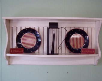 Primitive Country Shelf and Plate Rack Antiqued White