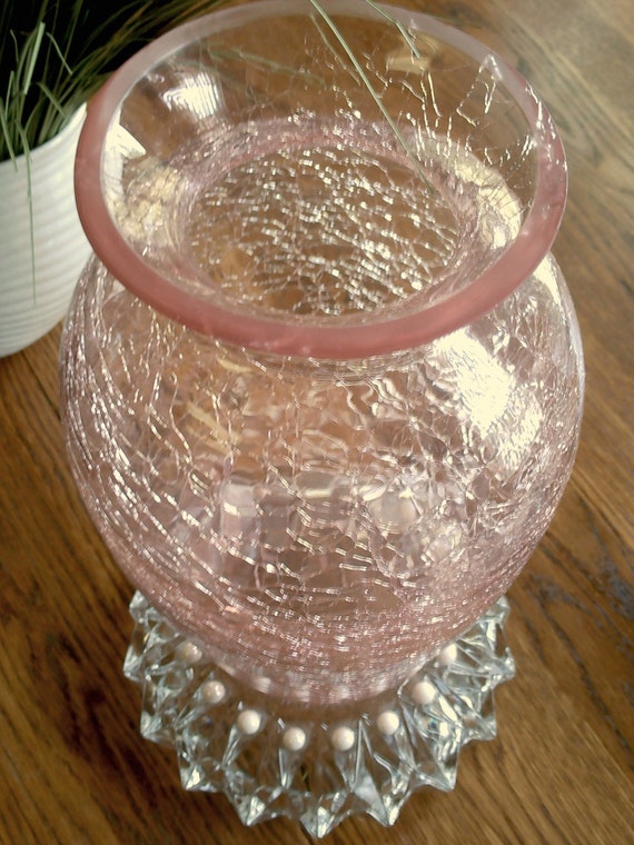 Vase Pink Crackle Glass Crystal Pearl Trim