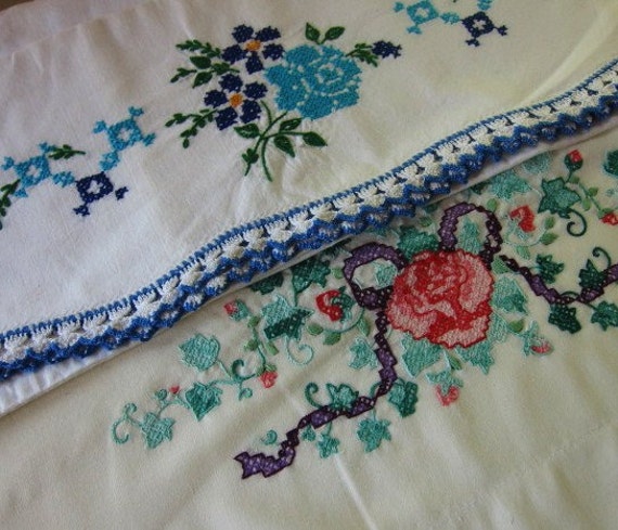 vintage pillowcases hand embroidered Roses