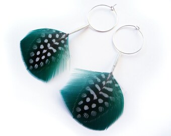 Teal Feather Earrings with Black and White Spots on Silver Hoops
