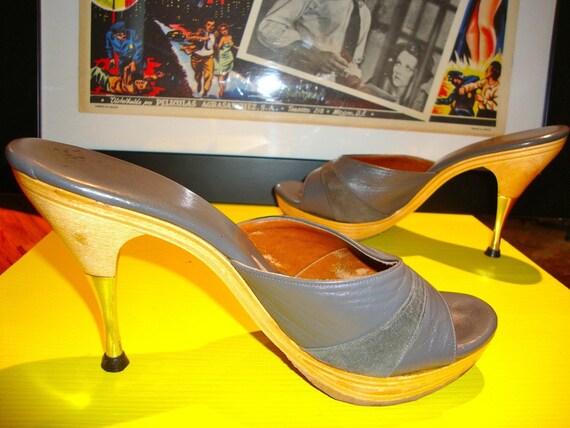 VTG 50s Polly of California Grey metal tip mules heels