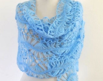 Crochet Shawl Weddings Shawl Lace Mohair Pale Blue Sky Ocean Sapphire Topaz Dreamy Elegant