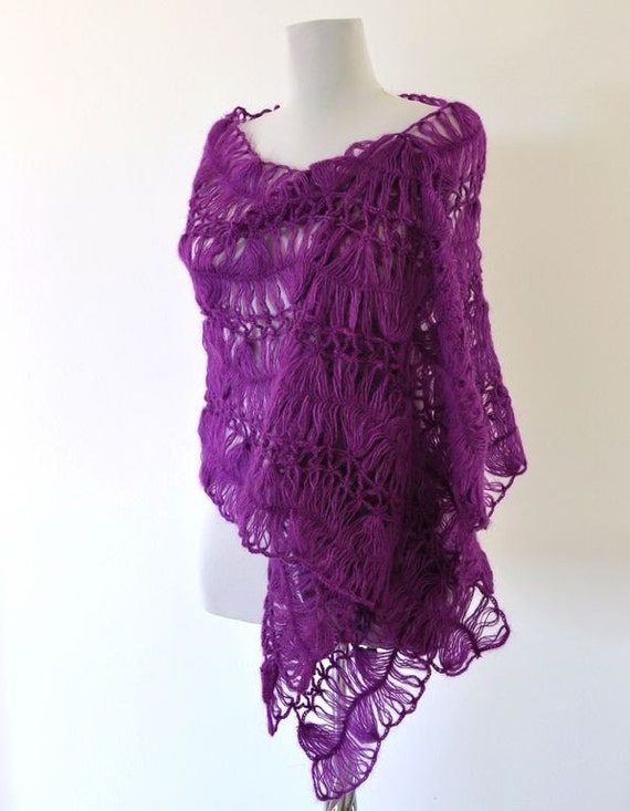 Items similar to Crochet Shawl Plum Lace Mohair Warm Cozy Chic on Etsy