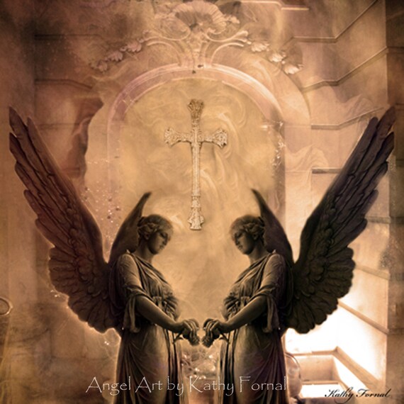 Ethereal Angels With Large Wings On Sepia Dreamy Background