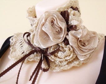 Crochet cowl, Victorian Collar, Scarflette, Freeform crochet, Crochet collar with flowers, Victorian cape, Romantic Lolita, Wedding Bridal