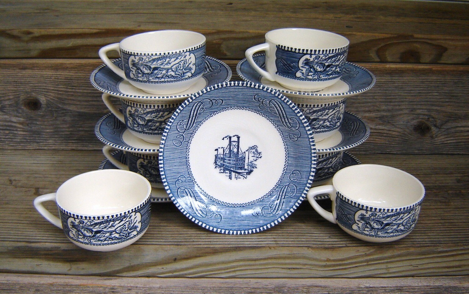 Vintage Currier and Ives Royal China 8 Cups and 7 Saucers