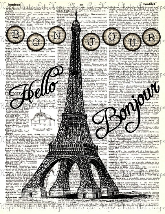 Bonjour Dictionary Collage 8.5x11 Upcycled DIY by HopePhotoArt