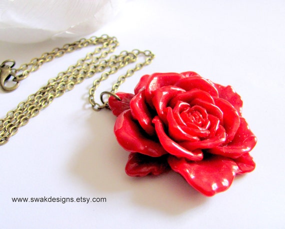 Items similar to Red Rose Necklace Large Rose Necklace Statement ...