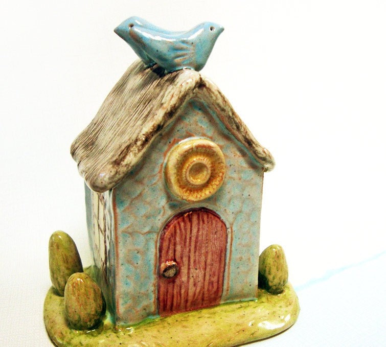 Whimsical Cottage Sculpture Blue Ceramic Pottery by Iktomi on Etsy