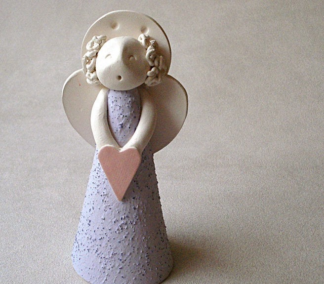 Whimsical Angel Sculpture lavender heart ceramic handbuilt