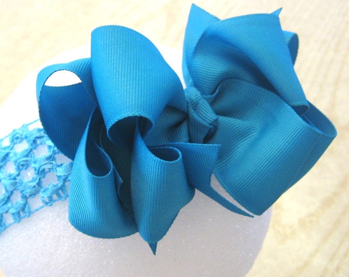 Turquoise hair Bow, Girls Hairbows, Boutique Hair Bow, Large hairbows, Big Hairbow, Blue Bow, Baby Girls Hairbow, Baby Headband, Stacked Bow