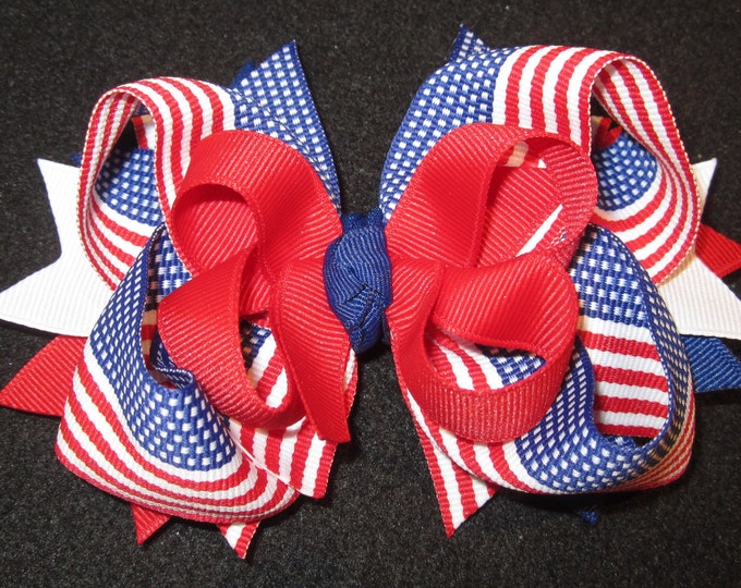American Flag Boutique Hair Bow 3 Layers of Red, White & Blue Patriotic Ribbon and Spikes Hairbow