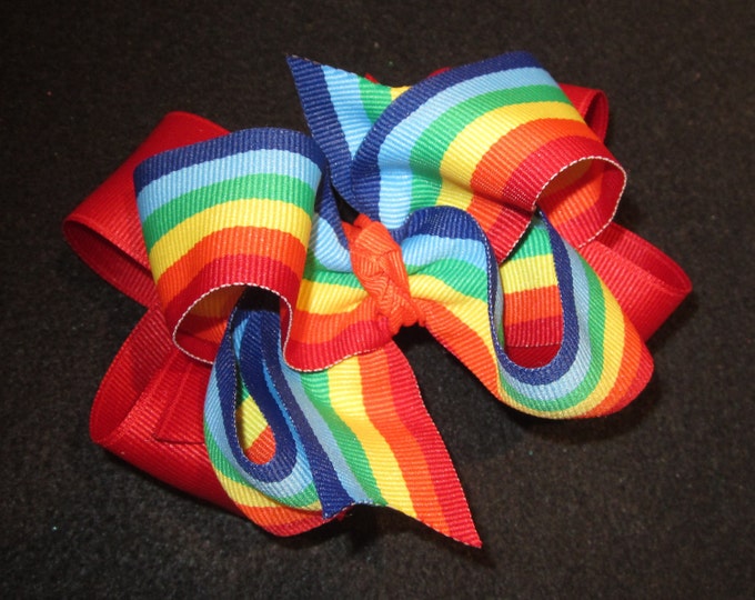 Girls hairbows, Rainbow hair Bow, Boutique Hair Bows, Layered Bow, Baby Girls Big Bow, large hairbows, Striped Bow, Summer Hairbows, Red Bow
