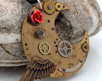 Steampunk Crescent Moon pendant with antique watch parts, red rose cabochon and wing charm- Steampunk Jewelry