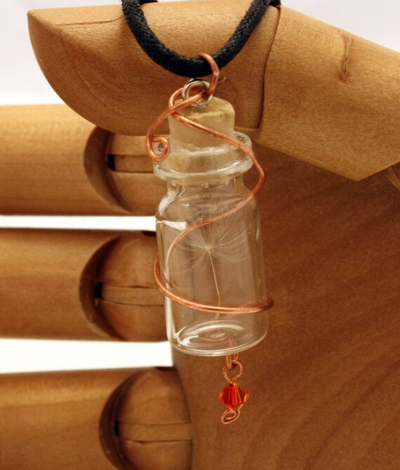 Dandelion wish copper wire wrapped glass vial pendant with