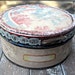 Vintage tin with wallpaper, lace trim, studio storage, cute round storage tin, OOAK