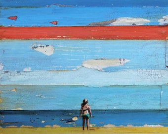 , Girl standing on beach ocean sand kid child decor wall coastal lake ...