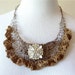 Reserved for Brenda Knitted Wire Filigree Collar Necklace with Rhinestone Button and Linen Ruffle