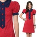 Peter Pan Dress Puff Sleeve 60s Mini Mod Collar 1960s Shift Red Navy Blue Paisley Print Tuxedo Button Vintage Minidress Extra Small XS S