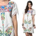 Embroidered Mexican Dress 60s 70s Hippie Boho Mini Floral Cotton Tunic 1970s Ethnic Bohemian Vintage White Tent Dress Medium Large M L