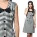 Double Breasted Dress Bow 60s Mod Mini Button Up Black White Mad Men 1960s Crosshatch Shift Vintage Sleeveless Medium Large M L
