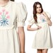 60s Babydoll Dress Puff Sleeve Embroidered Floral 70s Boho Hippie Lace Bib Cream Cotton Empire Vintage 1960s Mini Dress Small Medium S M