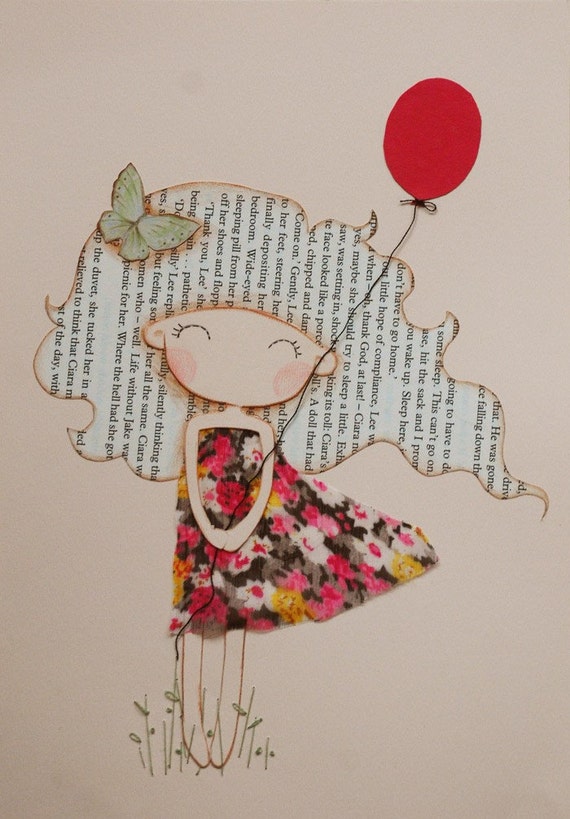 Girl with Red Balloon Original Mixed Media Illustration