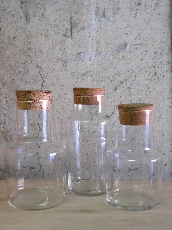 circa 1970s GLASS SPECIMEN JARS with cork lids by SelectModern