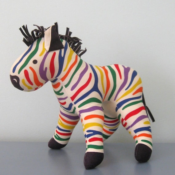 vintage ZEBRA STUFFED ANIMAL in rainbow canvas