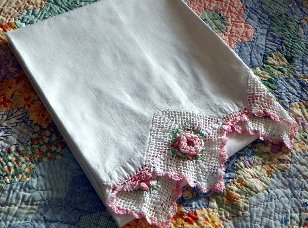 Vintage Hand Crocheted Pillow Case Irish rose