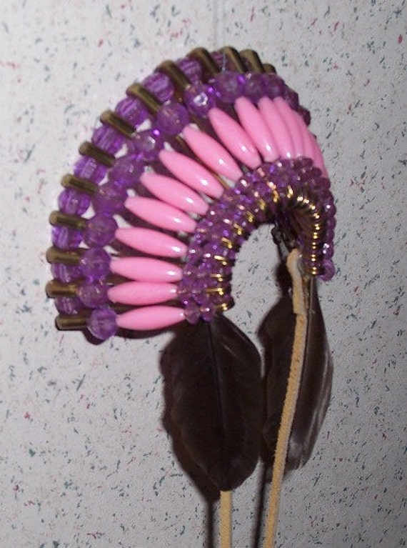Purple and Pink Beaded Indian Headdress with Feathers