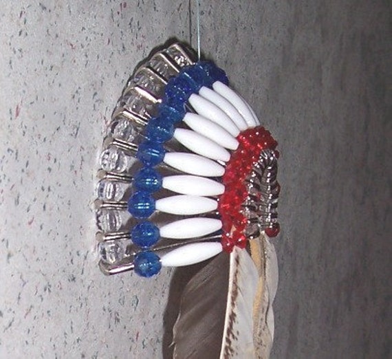 Red White and Blue Beaded Indian Headdress with Feathers