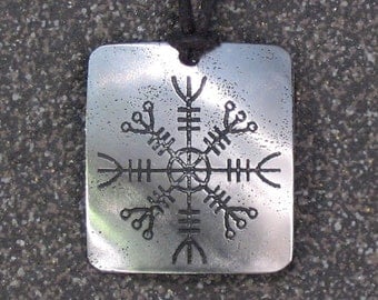 Helm of Awe Viking Pendant Stainless Steel Rune Etched - Protection, Invincibility Aegishjalmur - LARGE