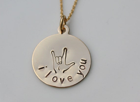 ASL Sign Language I Love You Large Gold Personalized Necklace