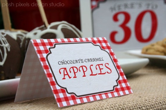 TENT CARDS - Printable Designer Label Tent Cards - Red and White, Gingham, Picnic - DIY Rustic Birthday Collection - by Make Life Cute Il_570xn